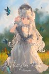  1girl absurdres animal_ear_fluff animal_ears arknights artist_name bonnet braid breasts bug butterfly ciloranko circlet commentary copyright_name cowboy_shot cursive day dress english_text expressionless frilled_dress frilled_sleeves frills grass grey_eyes grey_headwear highres insect leopard_ears lolita_fashion long_hair looking_at_viewer outdoors parted_lips pramanix_(arknights) side_braids silver_hair single_sleeve small_breasts solo twin_braids victorian white_dress wrist_cuffs younger 