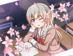  1girl ;d arm_rest bang_dream! bangs blonde_hair blurry blush book brown_dress chair cheek_rest cherry_blossoms classroom commentary_request depth_of_field desk double-breasted dress eyebrows_visible_through_hair falling_petals hair_between_eyes half_updo hanasakigawa_school_uniform highres lens_flare long_hair long_sleeves looking_at_viewer neck_ribbon one_eye_closed open_book open_mouth red_neckwear red_ribbon reneua ribbon sailor_collar sailor_dress school_chair school_desk school_uniform shirasagi_chisato sidelocks sitting smile solo sparkle twitter_username upper_body violet_eyes white_sailor_collar 