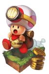  backpack bag belt brown_pants full_body gold gold_coin grass hankuri hat super_mario_bros. mushroom_hat open_mouth pants red_footwear running shoes simple_background solo toad white_background 