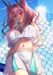  1girl azur_lane bangs bare_shoulders blue_sky bow bra breasts bremerton_(azur_lane) bremerton_(scorching-hot_training)_(azur_lane) chain-link_fence clouds cloudy_sky cokecoco commentary crop_top eyebrows_visible_through_hair fence from_below grey_hair hair_between_eyes hair_bow hair_ornament hairclip highres large_breasts light_rays long_hair looking_at_viewer looking_down midriff multicolored_hair navel navel_piercing piercing pink_hair sky streaked_hair sunlight thighs tongue tongue_out twintails two-tone_hair two-tone_shirt two-tone_skirt underwear white_bra x_hair_ornament 