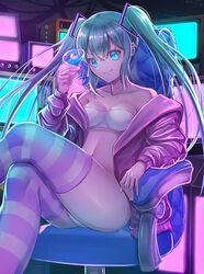  1girl alternate_costume aqua_eyes aqua_hair bandeau bangs bare_shoulders breasts commentary crossed_arms cup daikichi_(artist) drinking_glass feet_out_of_frame hair_between_eyes hair_ornament hand_up hatsune_miku head_tilt highres holding holding_cup jacket long_hair long_sleeves looking_at_viewer midriff navel off_shoulder open_clothes open_jacket panties purple_jacket purple_legwear sidelocks sitting small_breasts smile solo stomach strapless striped striped_legwear swivel_chair thigh-highs thighs tubetop twintails underwear vocaloid white_panties wine_glass 