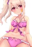  1girl absurdres amae bangs bare_arms bare_shoulders bikini blonde_hair blush breasts collarbone commentary_request fate/stay_night fate_(series) from_below frown hair_between_eyes highres illyasviel_von_einzbern long_hair looking_at_viewer navel pink_bikini red_eyes side_ponytail simple_background small_breasts solo star swimsuit white_background 