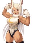  1girl :d abs animal_ears armpits arms_up bare_arms bare_shoulders boku_no_hero_academia breasts dark_skin eyelashes fang fur_collar gloves highleg highleg_leotard highres impossible_clothes impossible_leotard korean_commentary large_breasts leotard long_hair looking_at_viewer mirko muscle muscular_female open_mouth rabbit_ears red_eyes simple_background smile solo sookmo standing teeth thigh-highs thighs toned v-shaped_eyebrows white_background white_gloves white_hair 