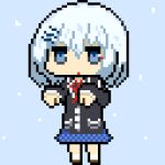  1girl blazer blue_eyes commentary_request date_a_live expressionless hair_between_eyes hair_ornament hairclip jacket long_sleeves pixel_art ribbon school_uniform short_hair silver_hair skirt solo standing stars-xc tobiichi_origami uniform white_hair 