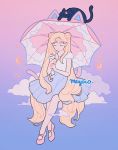  1girl artist_name bangs bishoujo_senshi_sailor_moon black_cat blue_skirt cat closed_eyes cloud_print clouds crescent_moon double_bun full_body holding holding_umbrella long_hair luna_(sailor_moon) meyoco moon pink_footwear pink_umbrella pleated_skirt print_umbrella shirt shoes short_sleeves sitting skirt tsukino_usagi twintails umbrella very_long_hair white_shirt 