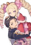 1boy 1girl :d beatrice_(re:zero) black_hair black_jacket blonde_hair blue_eyes bow brown_eyes butterfly-shaped_pupils capelet carrying commentary crown dress drill_hair expressionless fur-trimmed_capelet fur_trim hair_bow hand_on_another&#039;s_head jacket long_hair looking_at_viewer mini_crown natsuki_subaru open_mouth pantyhose pink_bow re:zero_kara_hajimeru_isekai_seikatsu red_capelet red_dress shake_sawa sidelocks smile striped striped_bow striped_legwear symbol-shaped_pupils track_jacket twin_drills very_long_hair 