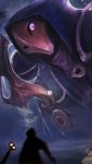  2boys absurdres blurry blurry_foreground clouds cloudy_sky fzed highres hood hood_up jhin lamppost league_of_legends looking_down looking_up male_focus mask multiple_boys outdoors planet silhouette size_difference sky standing star_(sky) violet_eyes 