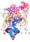  1girl ;d american_flag_dress american_flag_legwear blonde_hair blush clownpiece commentary_request dume_(kandume) fairy_wings fire full_body hat holding jester_cap long_hair looking_at_viewer neck_ruff one_eye_closed open_mouth pantyhose polka_dot purple_headwear red_eyes short_sleeves simple_background smile solo star star_print striped torch touhou v white_background wings 