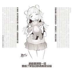  1girl animal_ears annie_hastur backpack bag ejami greyscale league_of_legends long_hair monochrome older simple_background skirt smile solo stuffed_animal stuffed_toy teddy_bear wall_of_text white_background 