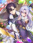  1boy 1girl arena arm_around_shoulder black_hair breasts bridal_gauntlets brown_eyes chestnut_mouth day dress earrings gem holding holding_sword holding_weapon jewelry keizoku_wa_maryoku_nari kikkaiki medium_breasts official_art outdoors purple_dress purple_hair red_eyes smile sword weapon 