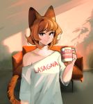  1girl absurdres animal_ears blush breasts brown_hair cat_ears cat_tail closed_mouth coffee_mug collarbone couch cup english_commentary english_text eyebrows_visible_through_hair garfield garfield_(character) green_eyes highres holding holding_cup kumaartsu looking_at_viewer medium_breasts mug personification shirt short_hair smile solo tail white_shirt 