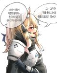  1girl absurdres animal_ear_fluff animal_ears arknights armor bangs black_gloves black_shirt blonde_hair blush breastplate brown_eyes commentary_request from_side gloves headphones headset highres korean_text long_hair looking_at_viewer nearl_(arknights) open_mouth pauldrons ponytail profile shirt simple_background solo speech_bubble translation_request upper_body uth_95 white_background 