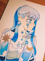  1girl bangs blue_eyes blue_hair crescent earrings eyebrows_visible_through_hair highres jewelry long_hair meyoco original photo profile solo tears traditional_media watercolor_(medium) 