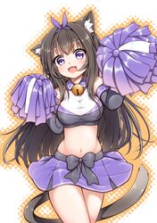  1girl alternate_costume animal_ear_fluff animal_ears arashio_(azur_lane) azur_lane bell blush breasts cat_ears cat_girl cat_tail cheerleader crop_top elbow_gloves eyebrows_visible_through_hair gloves hair_ornament hestia_(neko_itachi) large_breasts long_hair looking_at_viewer midriff navel neck_bell open_mouth pom_poms purple_skirt ribbon skirt smile solo tail violet_eyes 