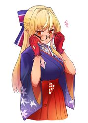  1girl black-framed_eyewear blonde_hair blush bow cowboy_shot dark_skin elf glasses gloves hair_bow hands_on_eyewear highres hololive long_hair long_sleeves looking_at_viewer open_mouth parted_lips pointy_ears red_eyes red_gloves sasaki_(glass1138) shiranui_flare simple_background solo virtual_youtuber white_background wide_sleeves 