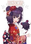  1girl absurdres animal_ears animal_print bangs blue_eyes blush breasts butterfly_print calligraphy_brush double_bun fate/grand_order fate_(series) floral_print flower hair_flower hair_ornament hairpin highres japanese_clothes katsushika_hokusai_(fate/grand_order) kimono long_sleeves looking_at_viewer mouse_ears obi octopus open_mouth paintbrush purple_hair red_kimono sash short_hair small_breasts smile solo tokitarou_(fate/grand_order) torry912 wide_sleeves 