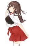  1girl :t akagi_(kantai_collection) brown_eyes brown_hair commentary_request cowboy_shot hakama hakama_skirt highres japanese_clothes kantai_collection long_hair looking_at_viewer muneate nanana_(sp6z7fa9) orange_eyes red_hakama simple_background solo straight_hair thigh-highs white_background white_legwear 