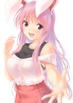  1girl :d alternate_costume animal_ears bangs bare_shoulders blush breasts casual commentary_request contemporary eyebrows_visible_through_hair hand_up highres kue large_breasts long_hair looking_at_viewer off-shoulder_shirt off_shoulder open_mouth pink_skirt purple_hair rabbit_ears reaching_out red_eyes reisen_udongein_inaba shirt simple_background skirt smile solo touhou upper_body white_background white_shirt 