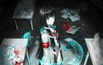  1girl aqua_eyes armband black_hair coat dagger highres holographic_interface indoors long_sleeves looking_at_viewer original scissors standing table weapon white_coat windworker 
