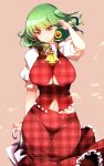  1girl absurdres adjusting_hair bangs breasts collared_shirt cowboy_shot curvy earrings eyebrows_visible_through_hair flower frilled_skirt frilled_vest frills green_hair highres jewelry kazami_yuuka large_breasts looking_at_viewer midriff_peek navel plaid plaid_skirt plaid_vest pointy_ears puffy_short_sleeves puffy_sleeves raptor7 red_eyes shiny shiny_hair shirt short_hair short_sleeves simple_background skirt smile solo sunflower touhou umbrella under_boob underboob_cutout vest white_shirt yellow_neckwear 