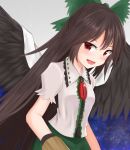  1girl arm_cannon bird_wings black_wings blouse blush bow brown_hair cape collared_blouse control_rod cowboy_shot dakuazu eyebrows_visible_through_hair green_bow green_skirt grey_background hair_bow highres long_hair looking_at_viewer ponytail puffy_short_sleeves puffy_sleeves red_eyes reiuji_utsuho short_sleeves simple_background skirt starry_sky_print touhou weapon white_blouse white_cape wings 