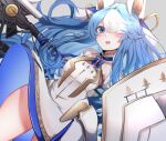  1girl animal_ears arm_behind_back azur_lane blue_eyes blue_hair dress fake_animal_ears grey_background hair_over_one_eye highres holding holding_polearm holding_weapon long_hair looking_at_viewer maille-breze_(azur_lane) polearm shield simple_background solo tadai_nu very_long_hair weapon white_dress white_hair 
