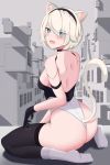  1girl absurdres android animal_ears ass back black_legwear blue_eyes blush breasts bustier cat cat_ears cat_tail city gloves headband highres medium_breasts nicksuslin nier_(series) nier_automata open_mouth robot_joints short_hair socks solo tail thigh-highs white_hair yorha_no._2_type_b 
