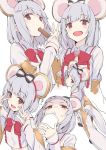  1girl animal_ears double_v eating fake_animal_ears granblue_fantasy headband highres looking_at_viewer looking_down multiple_views open_mouth rat_ears red_eyes sakimiya_mafu short_hair smile v vikala_(granblue_fantasy) white_hair 