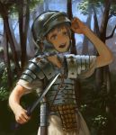  1girl absurdres breastplate cowboy_shot day forest gladius grey_hair hand_up highres holding holding_sword holding_weapon legionnaire nature open_mouth original outdoors plate_armor roman_clothes roman_empire scabbard sheath shoulder_armor solo spaulders standing sword toga tree treeware unsheathed violet_eyes weapon 