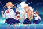  4girls :d ;d ahoge amatani_mutsu blazer blonde_hair blue_eyes blue_skirt bow bowtie brown_eyes clouds day fang glasses green_eyes jacket kujou_shion long_hair looking_at_viewer miniskirt multiple_girls ocean official_art one_eye_closed onishima_homare open_mouth outstretched_arms pleated_skirt polearm red-framed_eyewear red_bow red_neckwear sagaraise school_uniform shirt short_hair skirt sky sleeves_rolled_up smile sounan_desuka? spear splashing suzumori_asuka sweater_vest twintails undone_bowtie violet_eyes wading water weapon wet wet_clothes wet_skirt white_shirt 