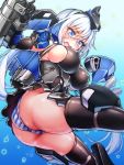  blue_eyes breasts doyouwantto frame_arms_girl from_below gloves holding holding_weapon large_breasts mecha_musume panties striped striped_panties stylet tearing_up thick_thighs thigh-highs thighs underwear weapon white_hair 