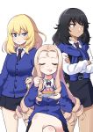  3girls :t absurdres andou_(girls_und_panzer) bangs bc_freedom_school_uniform black_hair black_skirt black_vest blonde_hair blue_eyes blue_neckwear blue_sweater brown_eyes cake cardigan closed_eyes closed_mouth commentary crossed_arms crossed_legs dark_skin dia_(yvirus68) diagonal_stripes dress_shirt drill_hair eating food food_on_face fork frown girls_und_panzer glaring half-closed_eye highres holding holding_fork holding_saucer long_sleeves looking_at_viewer looking_to_the_side marie_(girls_und_panzer) medium_hair messy_hair miniskirt multiple_girls necktie oshida_(girls_und_panzer) pleated_skirt red_neckwear school_uniform shirt simple_background sitting skirt smile striped striped_neckwear sweater sweater_around_neck vest white_background white_shirt wing_collar 