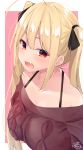  1girl bangs bare_shoulders black_ribbon blonde_hair blush breasts collarbone eyebrows_visible_through_hair fang hair_between_eyes hair_ribbon highres large_breasts long_hair looking_at_viewer open_mouth original ramchi red_eyes red_sweater ribbon skin_fang solo sweater twintails 