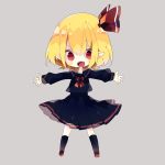  1girl black_legwear black_shirt black_skirt blonde_hair chibi commentary_request drooling full_body grey_background hair_ribbon highres looking_at_viewer nikorashi-ka open_mouth outstretched_arms pleated_skirt pointy_ears red_eyes red_neckwear red_ribbon ribbon rumia sharp_teeth shirt short_hair simple_background skirt socks solo spread_arms teeth touhou 