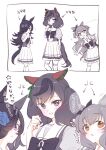  3girls :d :o ? animal_ears arrow_(symbol) bangs black_hair black_headwear blue_flower blue_rose blush bow brown_eyes ear_ribbon eyebrows_visible_through_hair flower frilled_skirt frills green_bow hair_bow hair_over_one_eye hands_up hat hat_flower horse_ears horse_girl horse_tail leaning_to_the_side mayano_top_gun_(umamusume) multiple_girls nice_nature_(umamusume) open_mouth ouri_(aya_pine) parted_lips pleated_skirt puffy_short_sleeves puffy_sleeves rice_shower_(umamusume) rose school_uniform shirt short_sleeves skirt smile tail thigh-highs tilted_headwear tracen_school_uniform translation_request twintails two_side_up umamusume violet_eyes 