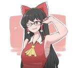  1girl arm_up ascot bespectacled black-framed_eyewear black_hair bow brown_eyes collar glasses hair_bow hair_tubes hakurei_reimu highres long_hair mata_(matasoup) nontraditional_miko one_eye_closed over-rim_eyewear rectangular_eyewear red_bow red_shirt semi-rimless_eyewear shirt sidelocks sleeveless smile solo touhou white_collar yellow_ascot 