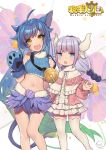  2girls :d :o acidear ahoge animal_ears bare_legs bare_shoulders bell blue_eyes blue_hair blue_shirt breasts capelet cat_ears cat_girl cat_tail crop_top dragon_horns facial_mark fang feather_skirt frills fur_collar gloves gradient_hair hair_bobbles hair_ornament highres horns jingle_bell kanna_kamui kardia_tou_abel kobayashi-san_chi_no_maidragon large_breasts long_hair looking_at_viewer midriff miniskirt multicolored_hair multiple_girls navel open_mouth paw_gloves paws ribbed_shirt shirt side-by-side silver_hair skirt sleeveless sleeveless_shirt smile stomach tail thigh-highs very_long_hair watermark white_legwear white_skirt yellow_eyes zettai_ryouiki 