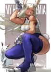  1girl animal_ears bangs blue_legwear boku_no_hero_academia breasts bunny_tail dark_skin forehead full_body gloves grin highres impossible_clothes impossible_leotard large_breasts leotard long_hair mirko muscle muscular_female one_knee outside_border parted_bangs paw_shoes pose rabbit rabbit_ears raised_eyebrow red_eyes shoes silver_hair smile solo_focus squatting tail taut_leotard thigh-highs white_gloves white_leotard yoshio_(55level) 