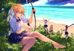  4girls amatani_mutsu arrow bare_legs barefoot beach black_legwear blonde_hair blue_eyes blue_skirt bow bow_(weapon) bowtie clouds cooking day feet from_above from_behind kneehighs kneeling kujou_shion leaf long_hair looking_at_viewer miniskirt multiple_girls ocean official_art onishima_homare open_mouth outdoors outstretched_arms pleated_skirt pot red_bow red_neckwear sagaraise scenery school_uniform shadow shirt skirt sky sleeves_rolled_up smile smoke sounan_desuka? suzumori_asuka sweater_vest thigh-highs tree tropical twintails upper_body waving weapon white_legwear white_shirt 
