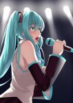  1girl absurdres bangs black_sleeves blue_eyes blue_hair blush detached_sleeves eyebrows_visible_through_hair from_side hair_between_eyes hatsune_miku highres holding holding_microphone light_(sdga5524) long_hair long_sleeves microphone music open_mouth shirt singing sleeveless sleeveless_shirt solo spotlight twintails upper_body very_long_hair vocaloid white_shirt 