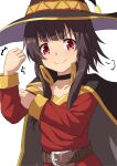  1girl belt black_hair blush brown_belt brown_hair cape choker collarbone dot_nose dress eyebrows_visible_through_hair fingerless_gloves flat_chest gloves hat kono_subarashii_sekai_ni_shukufuku_wo! looking_at_viewer megumin red_eyes short_hair simple_background smile solo umarutsufuri white_background witch_hat 