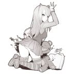  1girl animal_ears annie_hastur breasts ejami greyscale league_of_legends long_hair monochrome older simple_background skirt slippers solo stuffed_animal stuffed_toy teddy_bear white_background 