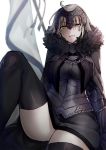  1girl ahoge anoshabu armor armored_dress bangs black_armor black_dress black_legwear breasts cape chain dress fate/grand_order fate_(series) flag fur-trimmed_cape fur_collar fur_trim gauntlets headpiece jeanne_d&#039;arc_(alter)_(fate) jeanne_d&#039;arc_(fate)_(all) knee_up large_breasts looking_at_viewer open_mouth short_hair silver_hair sitting smile solo thigh-highs thighs yellow_eyes 