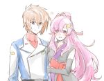  1boy 1girl black_kimono brown_hair couple gundam gundam_seed gundam_seed_destiny hair_ornament hair_ribbon hairclip japanese_clothes kimono kira_yamato lacus_clyne locked_arms long_hair military military_uniform pink_hair ribbon smile taam uniform violet_eyes 