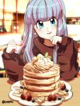  1girl bangs blue_eyes blue_hair blueberry blunt_bangs blurry blurry_background blush bokeh bra_(dragon_ball) brown_sweater cafe caramel closed_mouth cream depth_of_field dragon_ball dragon_ball_gt earrings elbow_rest eyelashes fingernails food fork fruit green_nails hairband happy head_tilt hime_cut holding holding_fork indoors jewelry lens_flare lips looking_at_viewer mint ochanoko_(get9-sac) older pancake pink_hairband plate shiny shiny_hair sidelocks sitting smile solo straight_hair strawberry striped striped_sweater sweater table turtleneck turtleneck_sweater twitter_username upper_body 