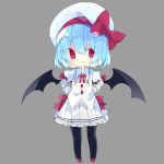  1girl bat_wings black_legwear blue_hair bow chibi commentary_request fang fang_out full_body grey_background hat hat_bow highres long_sleeves looking_at_viewer nikorashi-ka pleated_skirt puffy_sleeves red_bow red_eyes red_footwear red_neckwear remilia_scarlet shirt short_hair simple_background skirt smile solo touhou white_headwear white_shirt white_skirt wings 