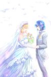  athrun_zala blonde_hair blue_hair blush cagalli_yula_athha closed_eyes couple dress formal gundam gundam_seed gundam_seed_destiny holding_hands smile suit wedding wedding_dress yuuka_seisen 