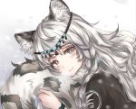  1girl animal_ear_fluff animal_ears arknights bangs blush braid chinese_commentary commentary_request eyebrows_visible_through_hair grey_background grey_eyes head_chain holding holding_own_tail leopard_ears leopard_tail long_hair looking_at_viewer pramanix_(arknights) silver_hair smile solo sunshine7 tail turtleneck upper_body 