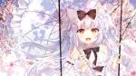  1girl animal_ears azur_lane bare_shoulders black_bow blush bow cat_ears center_frills cherry_blossoms dress dress_bow eyebrows_visible_through_hair frilled_dress frilled_umbrella frills hair_bow hei_kuang_jun highres holding holding_umbrella long_hair looking_at_viewer off-shoulder_dress off_shoulder open_mouth outdoors parasol silver_hair sleeveless sleeveless_dress smile solo tree two_side_up umbrella white_bow white_dress white_umbrella yukikaze_(azur_lane) yukikaze_(swings-sama)_(azur_lane) 