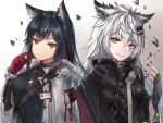  2girls alternate_costume animal_ear_fluff animal_ears arknights bangs black_hair black_jacket black_nails black_shirt breasts brown_eyes chinese_commentary commentary_request earrings eyebrows_visible_through_hair fingerless_gloves fur-trimmed_jacket fur_trim gloves gradient gradient_background grey_background grey_eyes grey_gloves hair_between_eyes hair_ornament hairclip hand_up head_tilt high_collar jacket jewelry lappland_(arknights) long_hair looking_at_viewer medium_breasts multiple_girls nail_polish open_clothes open_jacket pendant red_gloves redhead scar scar_across_eye shirt sidelocks signature silver_hair smile sunshine7 texas_(arknights) upper_body white_background white_jacket wolf_ears 